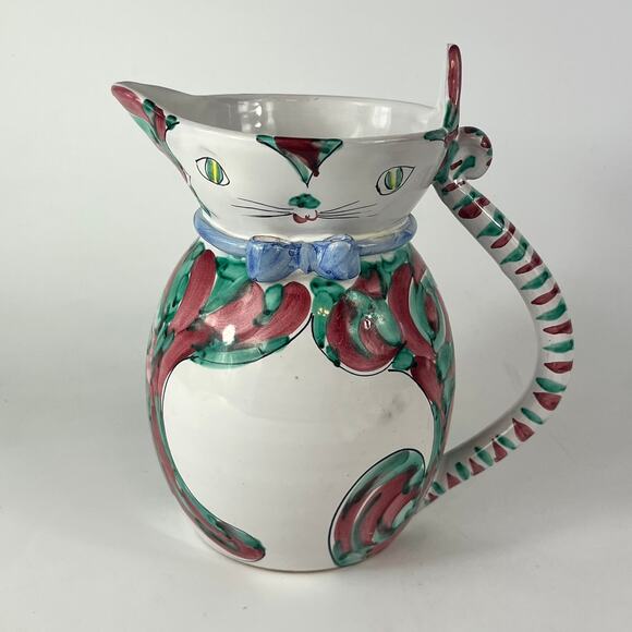 Kitty Cat Pitcher Vintage Hand Painted Italian Glazed Green Red 2105/2 Carafe - Picture 1 of 14